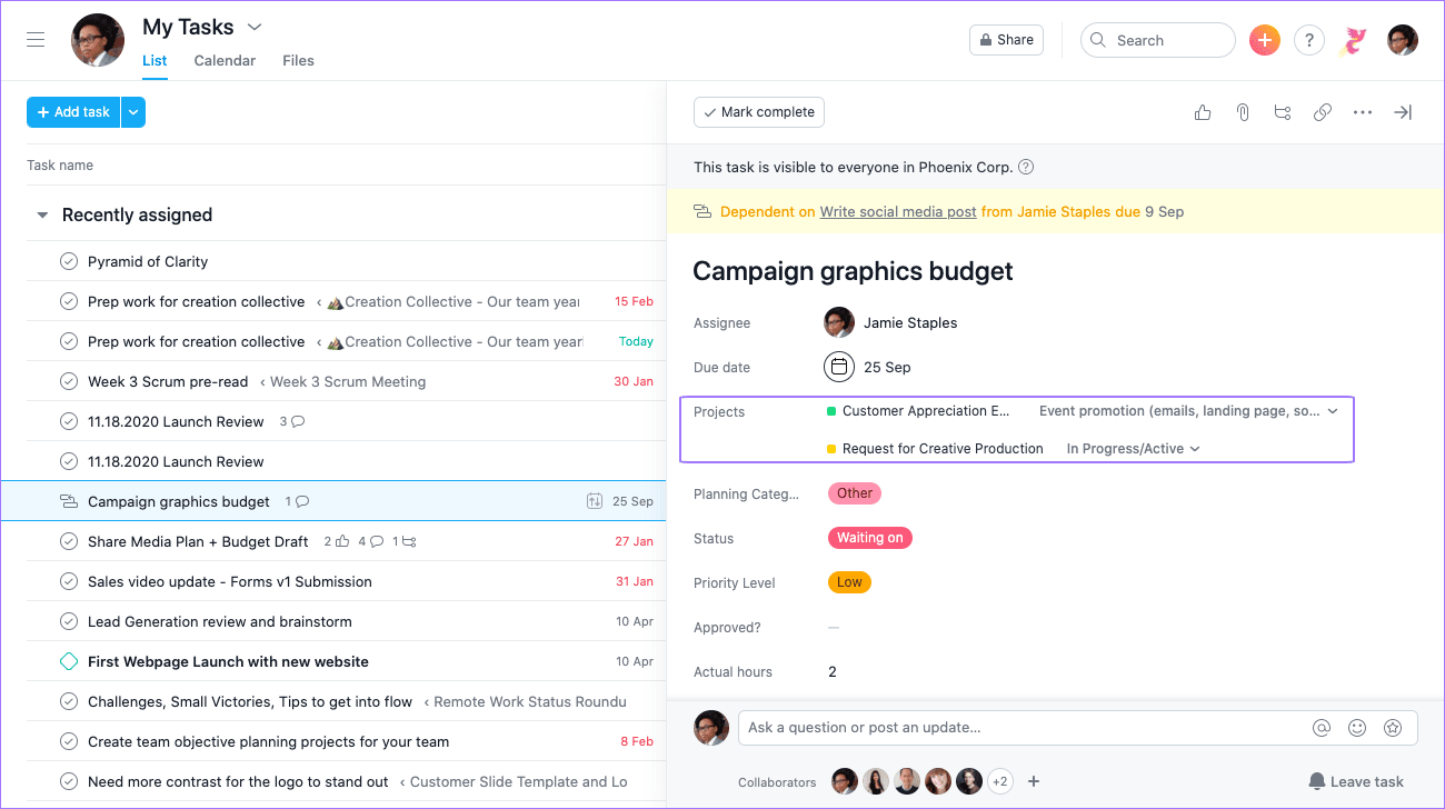 Asana App Project Dashboard
